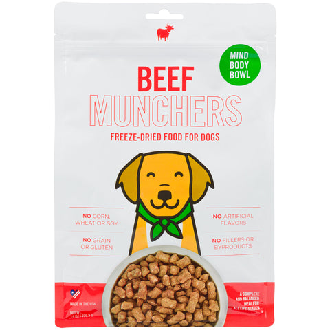 Mind Body Bowl Freeze-Dried Munchers Dog Beef 14 oz | Front Image of Red and White Bag of Beef Munchers